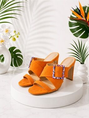 Charles by Charles David Orange Suede Heels w Multicolor Resin Buckle - Size 6.5
